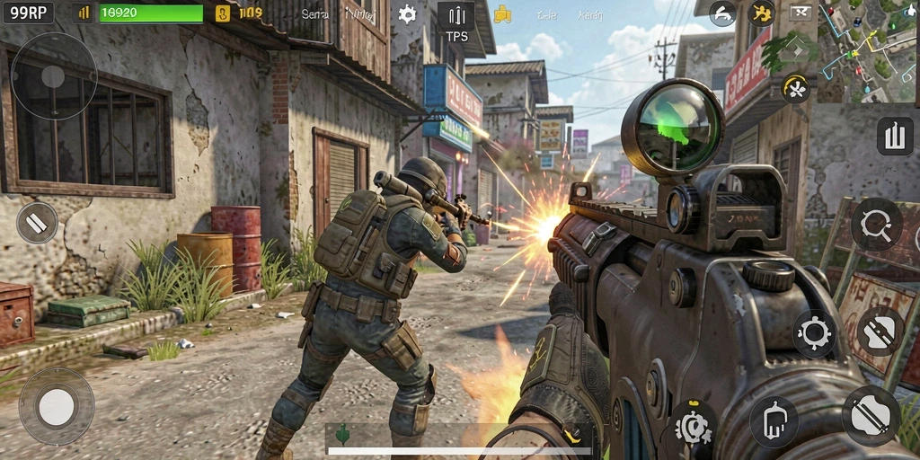 Screenshot utama menampilkan aksi tembak-menembak intens di 99RP.