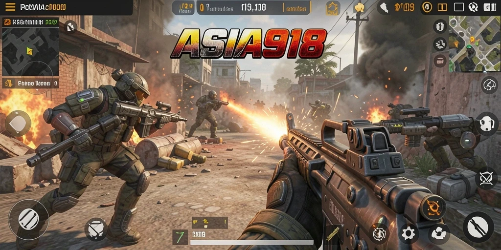 Tangkapan layar gameplay <strong>ASIA918</strong> menunjukkan aksi tembak-menembak yang mendebarkan di medan perang.