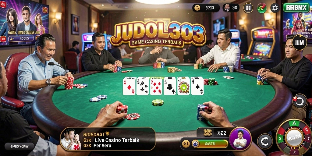 Screenshot gameplay JUDOL303 yang menampilkan dealer langsung dan interaksi pemain.