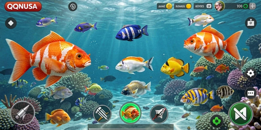 Gameplay seru QQNUSA dengan berbagai ikan dan senjata.
