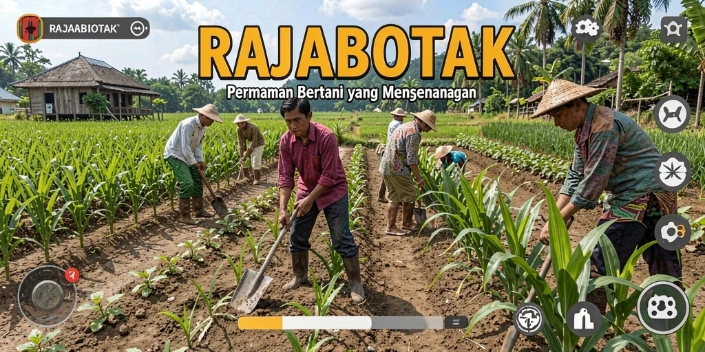 Tampilan gameplay <strong>RAJABOTAK</strong> dengan lahan pertanian yang subur dan tanaman yang beragam.