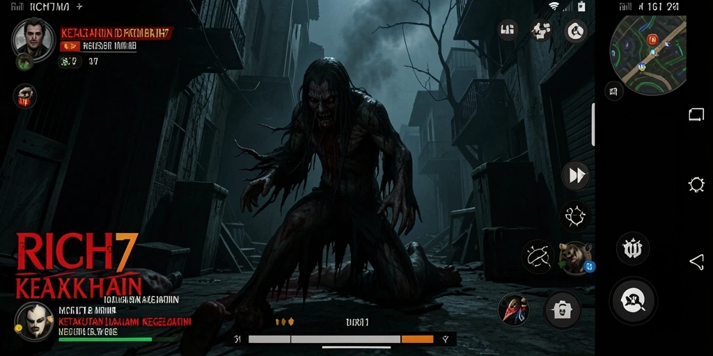 Screenshot gameplay RICH7 menampilkan momen menegangkan dan menyeramkan.