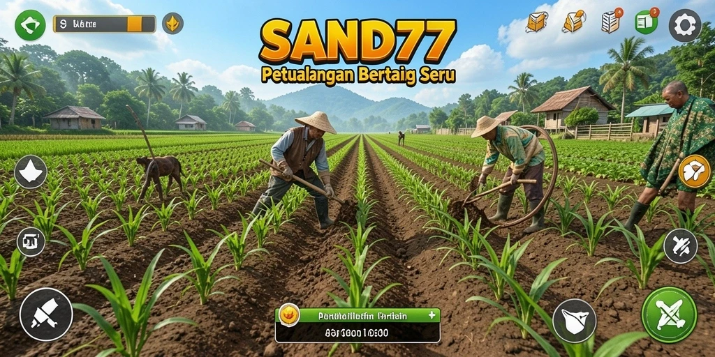 Tampilan gameplay <strong>SAND77</strong> yang menampilkan ladang yang subur dan tanaman yang tumbuh.