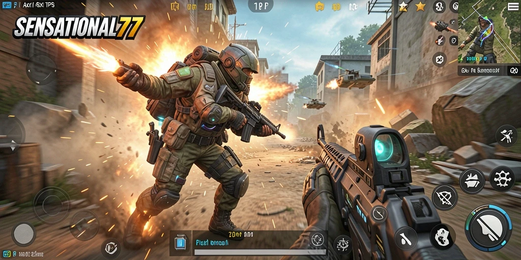 Tampilan gameplay SENSATIONAL77 dengan aksi menembak yang intens.